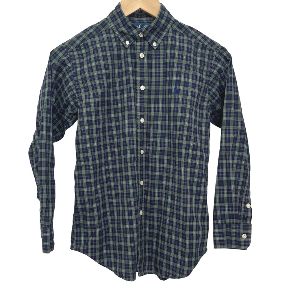 Ralph Lauren Youth M 10-12 Blue Green Plaid Blue Pony Button Down Shirt Preppy